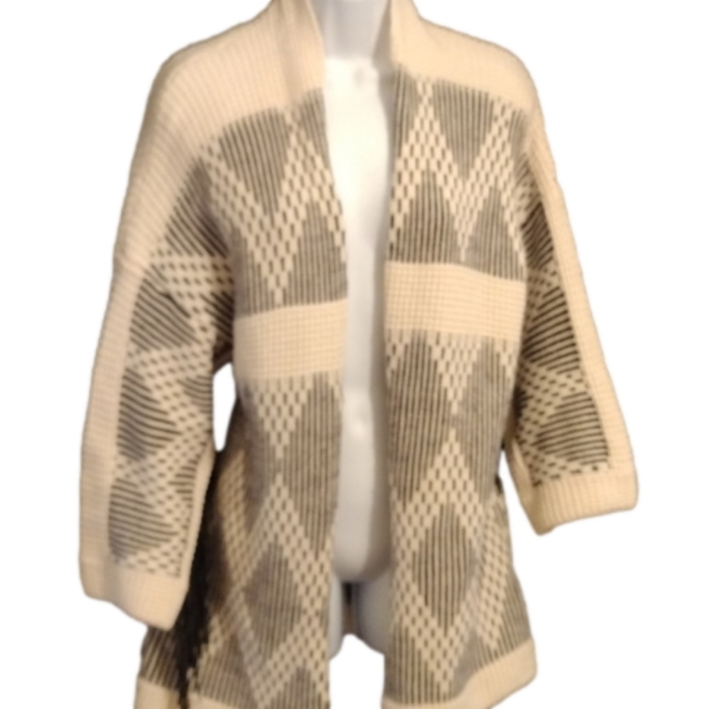 L.O.G.G. wool alpaca blend open front argyle print fringe sleeve cardigan